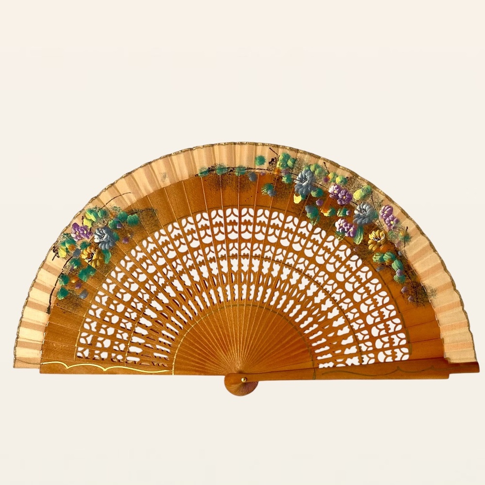 Vintage Hand Painted Floral Flower Folding Carved Wood & Fabric Fan